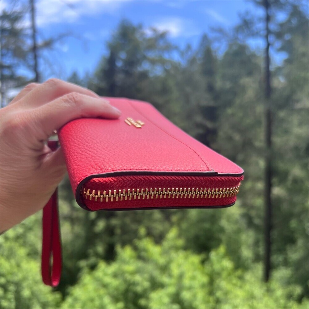COACH Long Zip-Around RED Pebble Leather Wallet Gold Hardware with Wrist-Strap - Picture 12 of 16